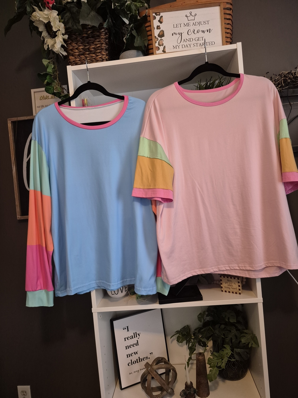 Ladies Pastel Colorblock Long & Short Sleeve Tops - Pink & Blue
